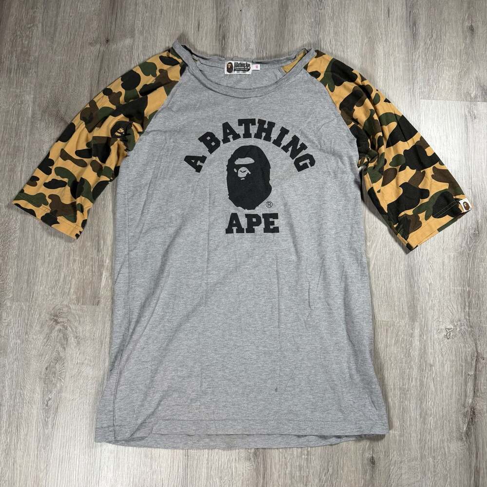Mens A Bathing Ape College Logo Raglan T-Shirt with Camo Sleeves XS